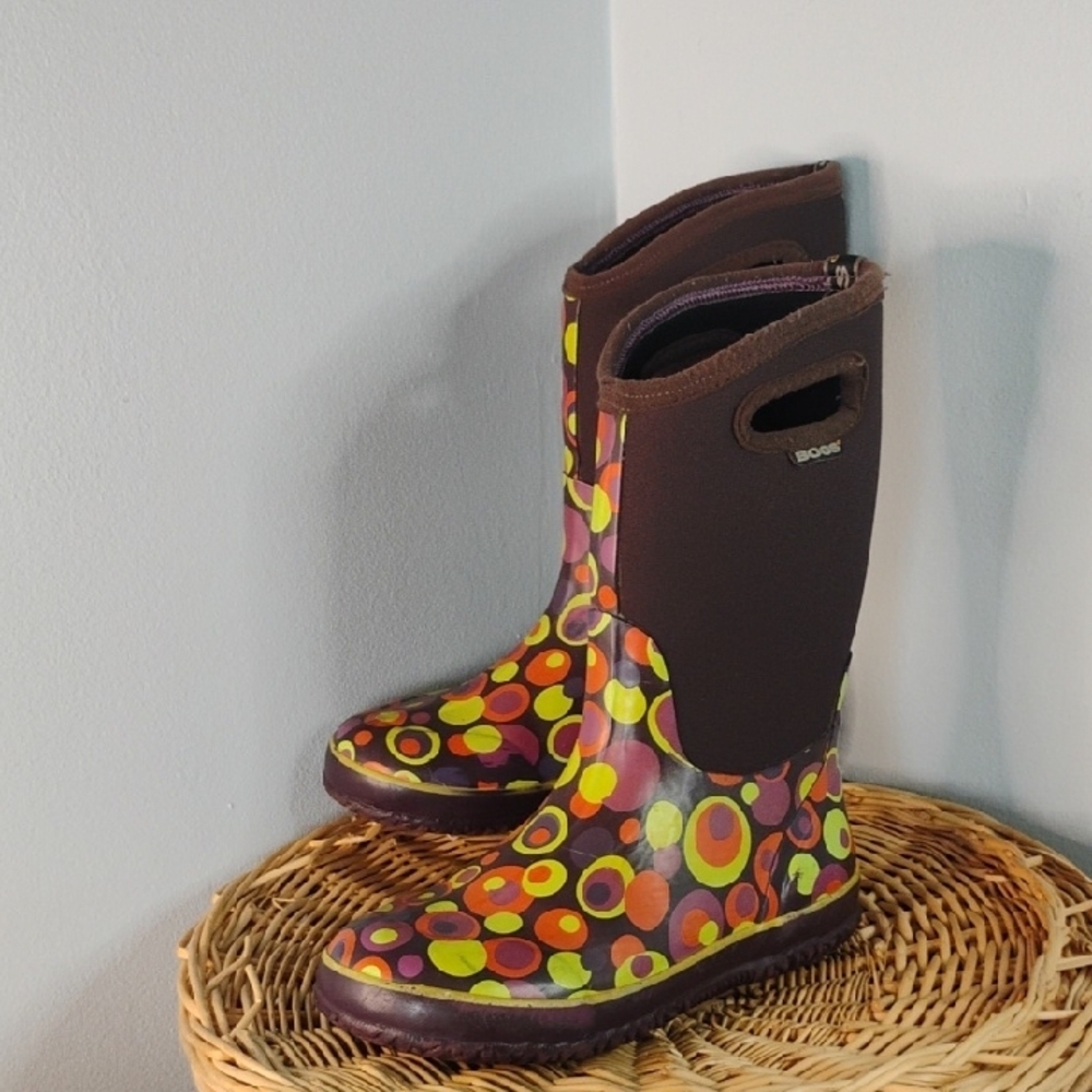 BOGS Size 6 Waterproof Rain Boots Colorful Circle Insulated Brown Multicolor